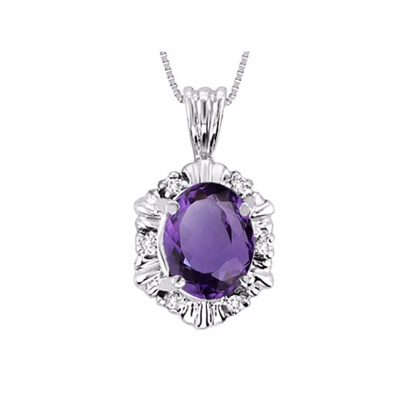 Rylos Sterling Silver Halo Pendant Necklace: 9X7MM Amethyst & Sparkling Diamonds -  18" Chain Exquisite Birthstone Jewelry