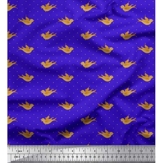 Soimoi Blue Rayon Fabric Bird & Dots Decor Fabric Printed Yard 42 Inch Wide