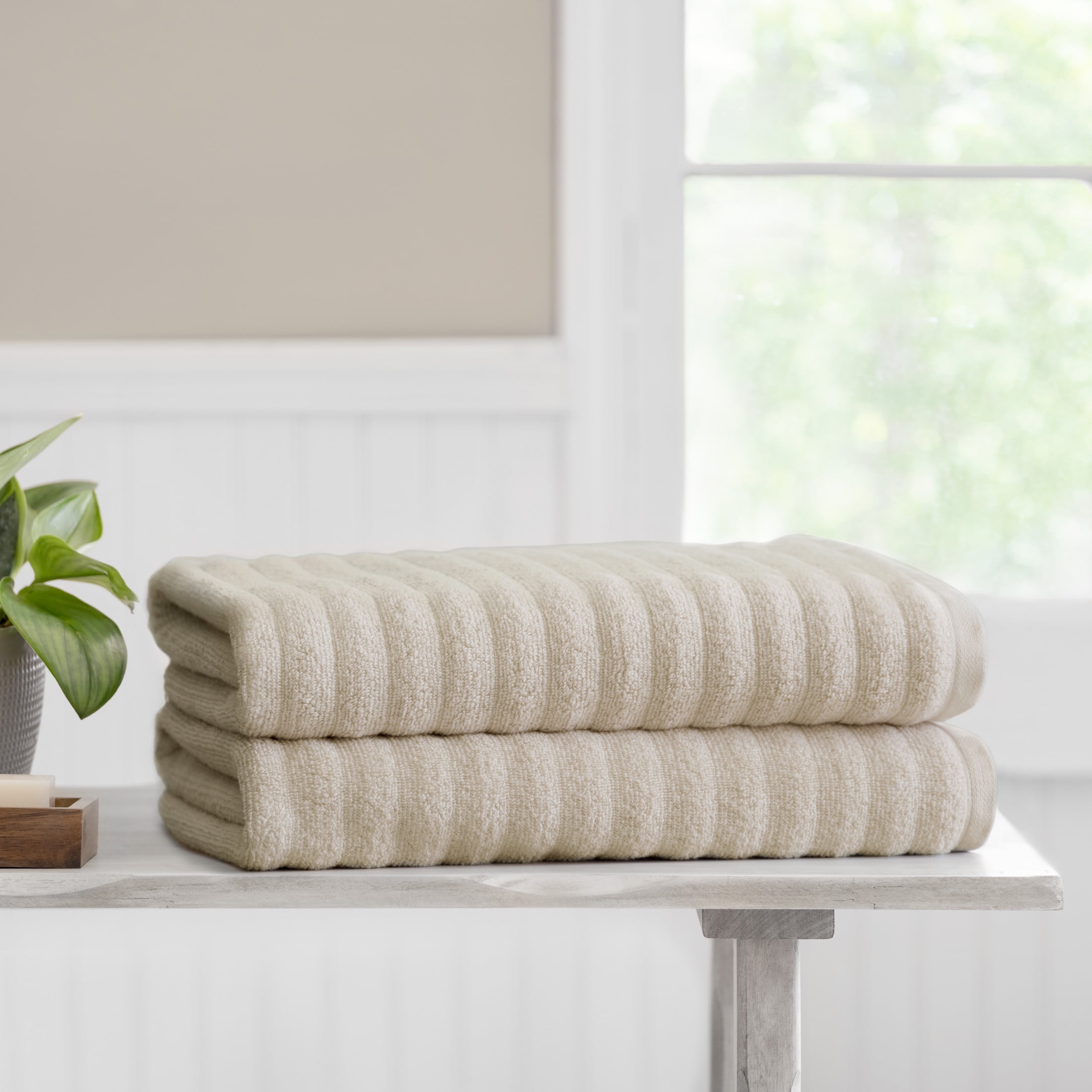 Mainstays Performance Cotton 2-Piece Bath Sheet Set, Oversized Super Soft Quick Dry Fade Resistant, Textured Beige