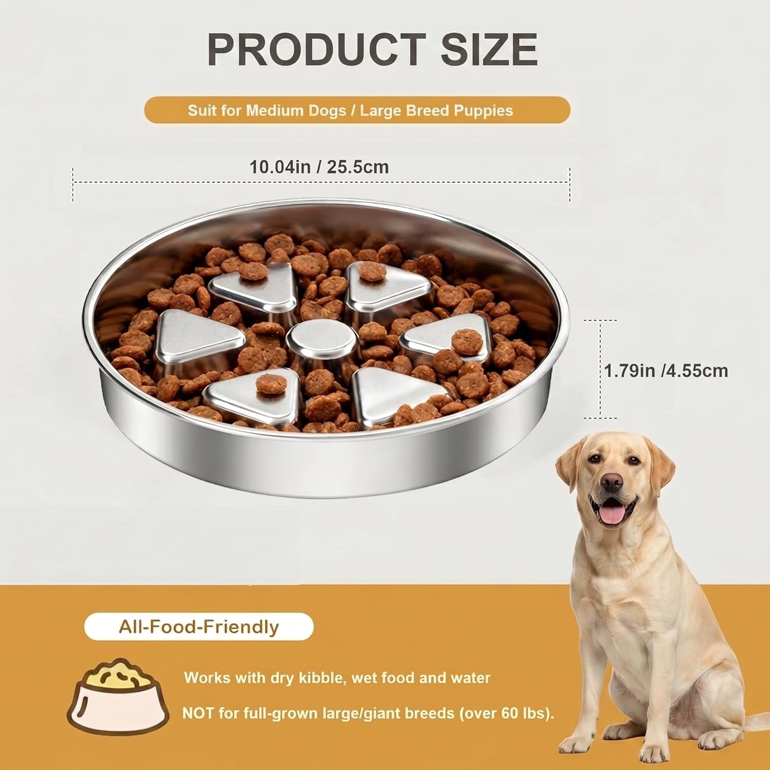 Stainless Steel Slow Feeder Dog Bowl, 3 Cup Heavy Duty Slow Eating Bowl, Deep Maze & Non-Slip Base for Medium Dogs & Large Breed Puppies, Dishwasher Safe