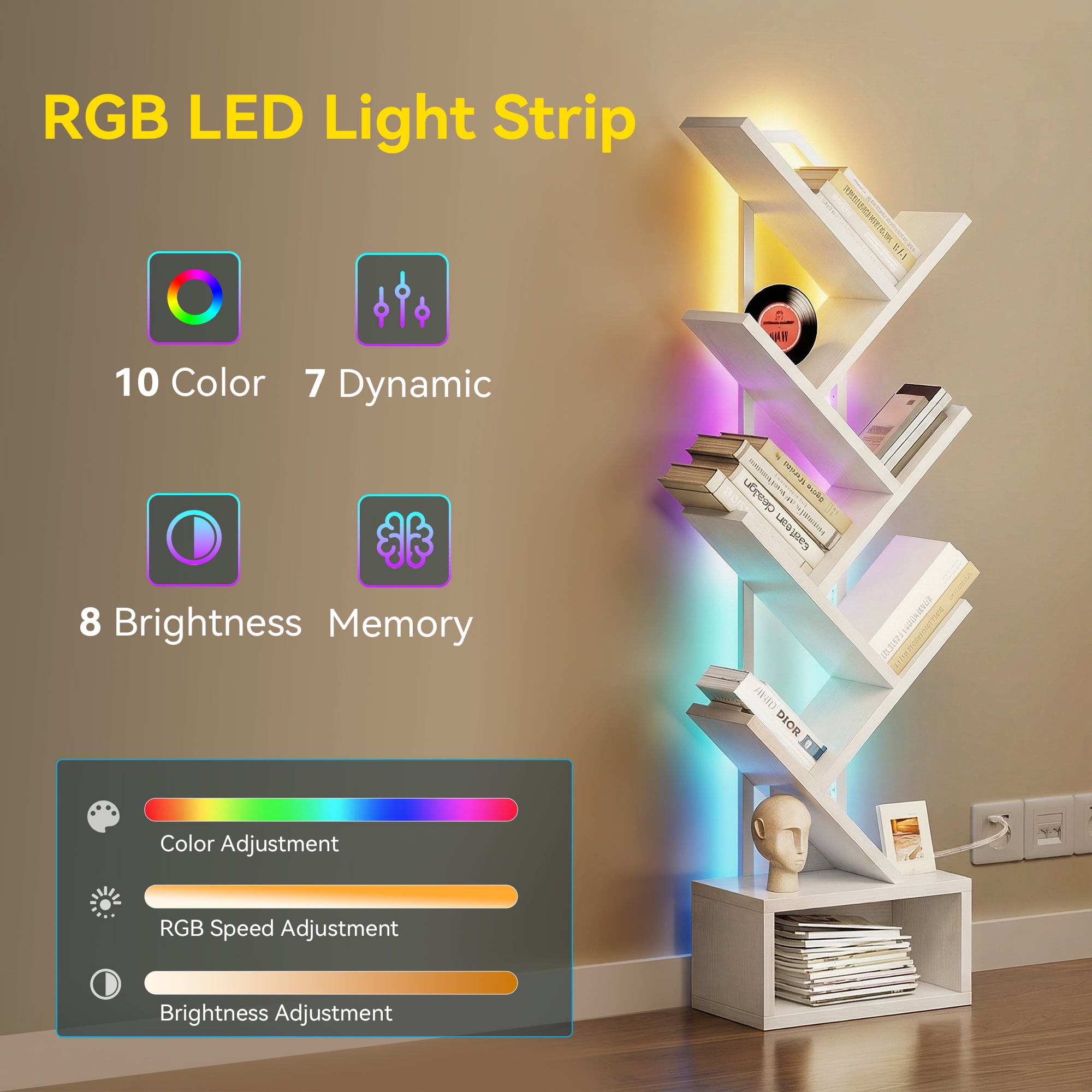 Casacomoda 6 Tier Tree Bookshelf, Bookcase with LED Lights, Display Floor Standing Storage Shelf, Book Organizer Shelves for Home Office, Living Room, White