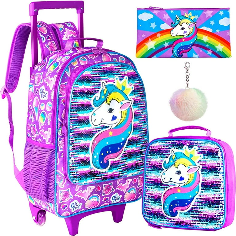 4PCS Rolling Backpack for Girls Kids Unicorn Roller School Bag with Wheels Toddler Wheeled Sequin Bookbag Elementary