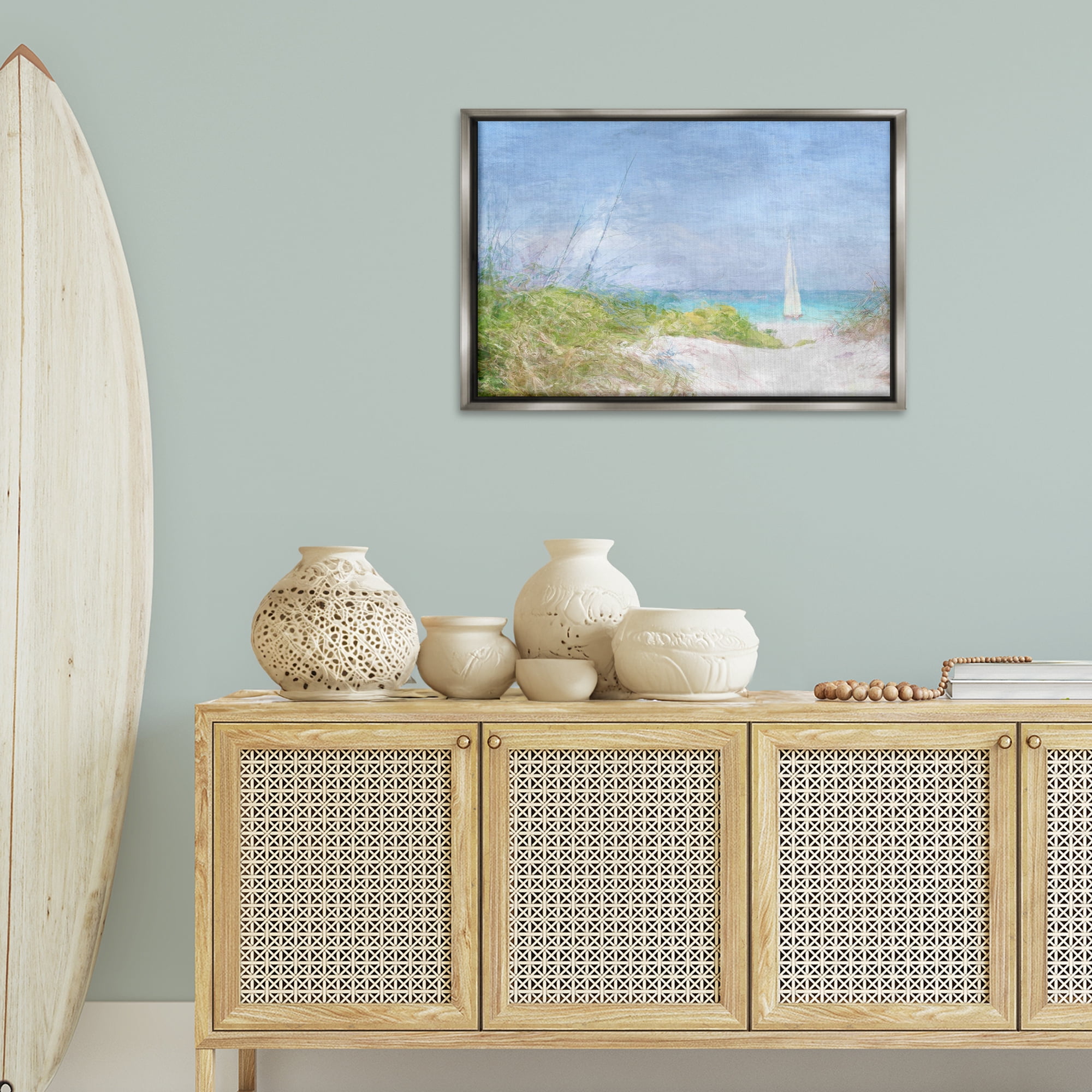 Stupell Industries Solitary Yacht Seascape Coastal Painting Gray Floater Framed Canvas Art Print Wall Art, 31 x 21