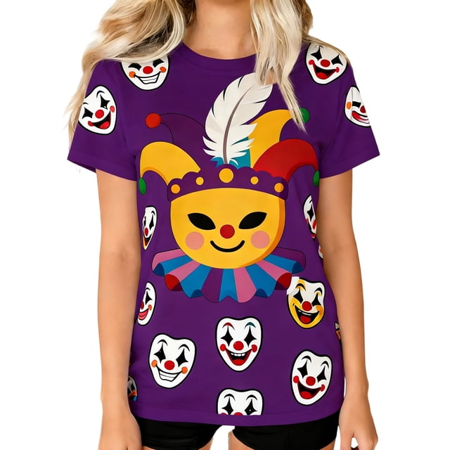 Camiseta de Manga Corta con Cuello de Tripulación de Impresión de Payaso Casual para Fiesta de Carnaval Verano Diario