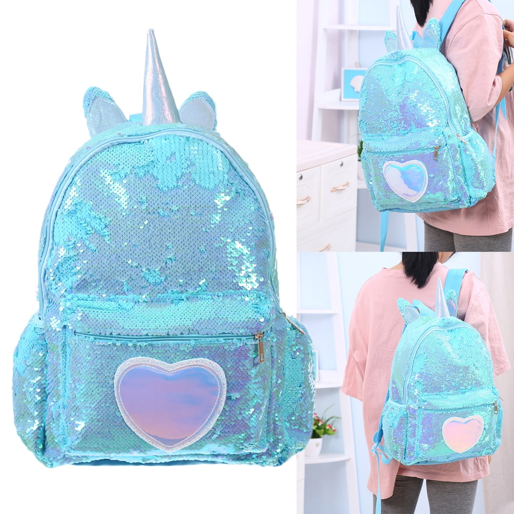 Sequin Backpack Cartoon Unicorn Schoolbag Large Capacity Backpack for Girls Women Student (Sky-blue)