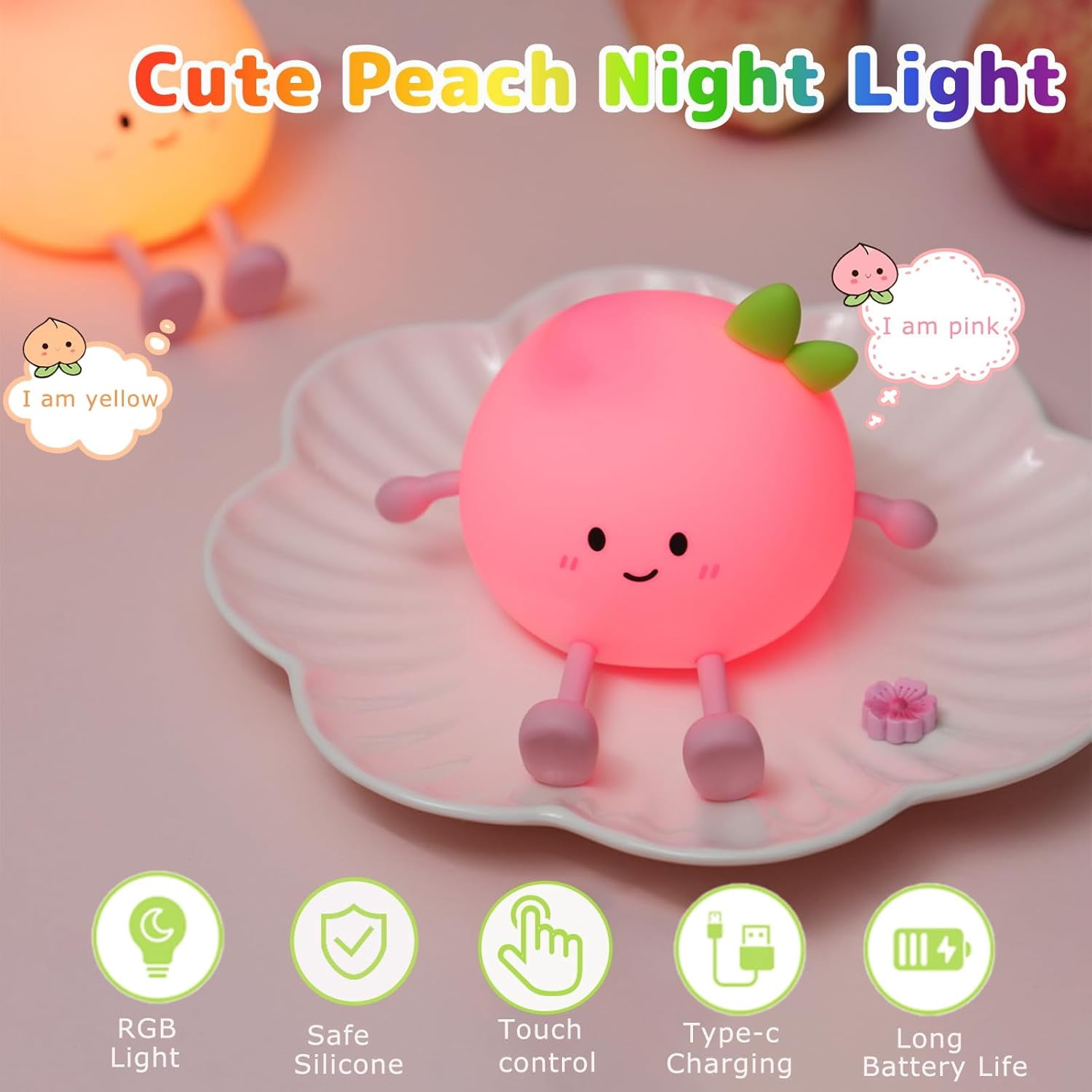 Night Light for Kids, Cute Peach Soft Silicone Nursery Light, 7 Colors & 3 Level Warm Light, Rechargeable Touch Pat Lamp, Bedside Baby Night Light Gift for Kids (Multicolour)