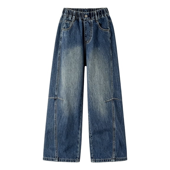 Akiihool Baggy Ripped Jeans Girls Casual Jeans Elastic Waist Denim Wide Leg Pants Toddler Trousers Softball Pants Girls (Blue,5-6 Years)