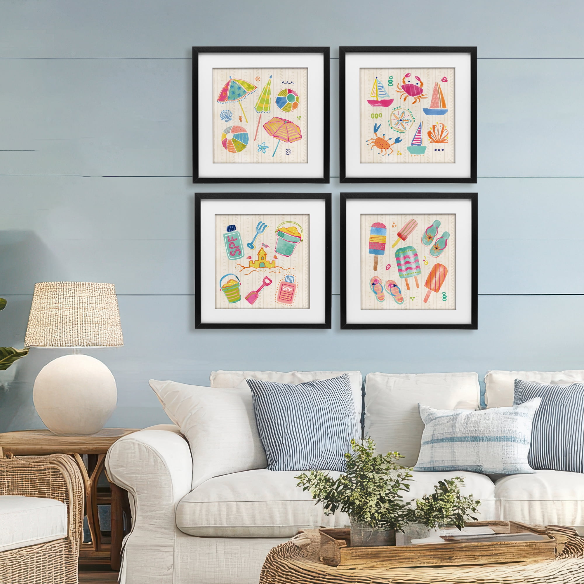 Stupell Industries Beach & Boats Collection 4 Piece Black Framed Print Under Glass Set, design by Dina June
