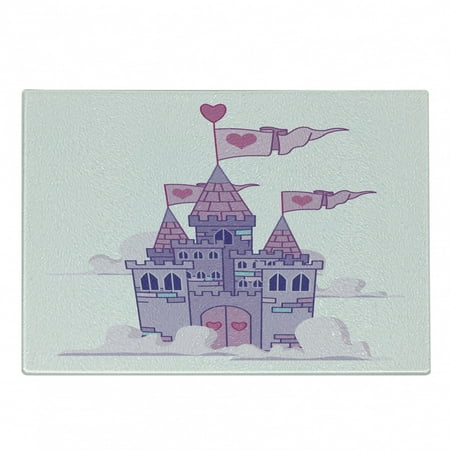 

Castle Cutting Board Wonder Tale Princess in the Sky Hearts Château in Dreamy Cartoon Decorative Tempered Glass Cutting and Serving Board in 3 Sizes by Ambesonne