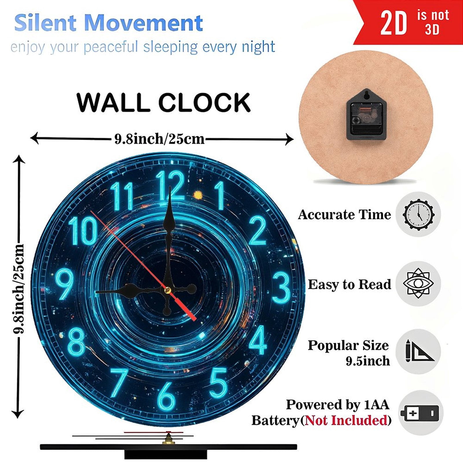 Neon Clock Wall Art Blue Digital Circular 10-Inch Silent Wooden Wall Clock, Battery Operated (AA Batteries Not Included), Artistic Home Decor