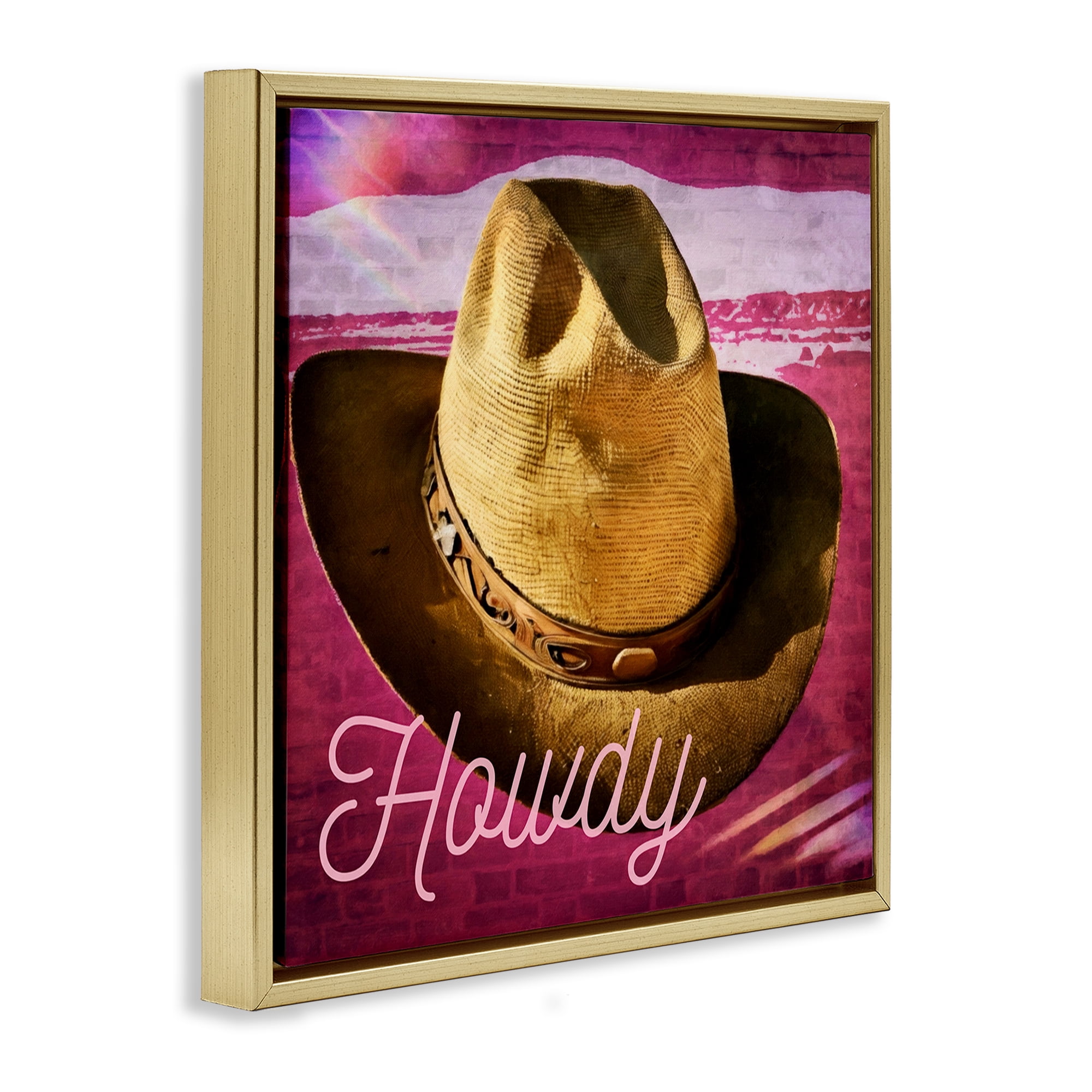 Stupell Industries Howdy Cowboy Hat on Pink Text & Numbers Painting Gold Floater Framed Canvas Art Print Wall Art, 25 x 25