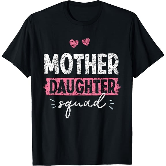 Mother Daughter Squad Women's Graphic T-Shirt Retro Distressed Pink Heart Family Matching Apparel Gift for Mom