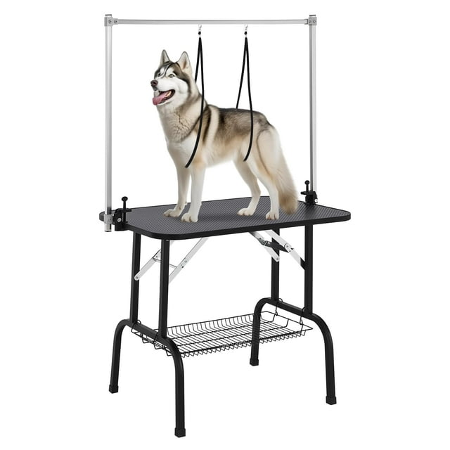 BeesClover Explore Horizonzon Table de Toilettage pour Chien Professionnel 36 Pouces/46 Pouces avec Bras Réglables - Capacité Statique de 330Lb / Station de Toilettage Portable avec Élastiques, Plateau en Maille / pour Petits/grands Chiens