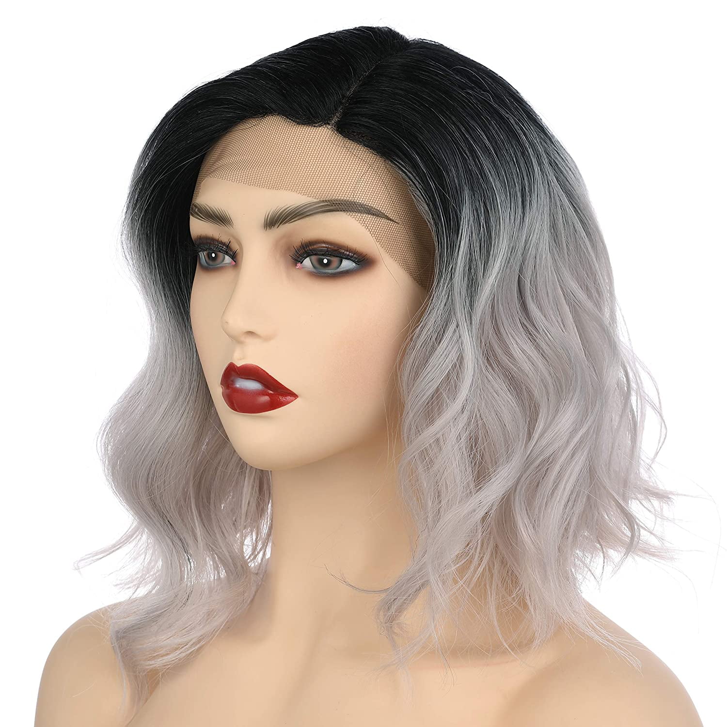 Onedor Side Part Lace Front Short Wavy Hair Bob Wigs for Women (Black Root Ombre Silver Grey)