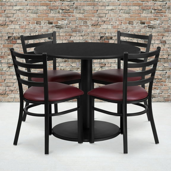 Emma   Oliver 36RD Black Table Set-RD Base & 4 Ladder Back Chairs,Burgundy Seat