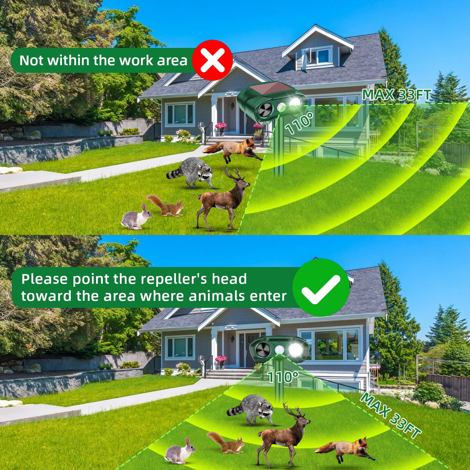 JahyElec 2 Pack Ultrasonic Animal Repeller Outdoor,Cat Repellent Deer Repellent Devices with Strobe Light Solar Animal Deterrent Device for Rabbit Raccoon Dog Squirrel Skunk Repellent for Yard Garden