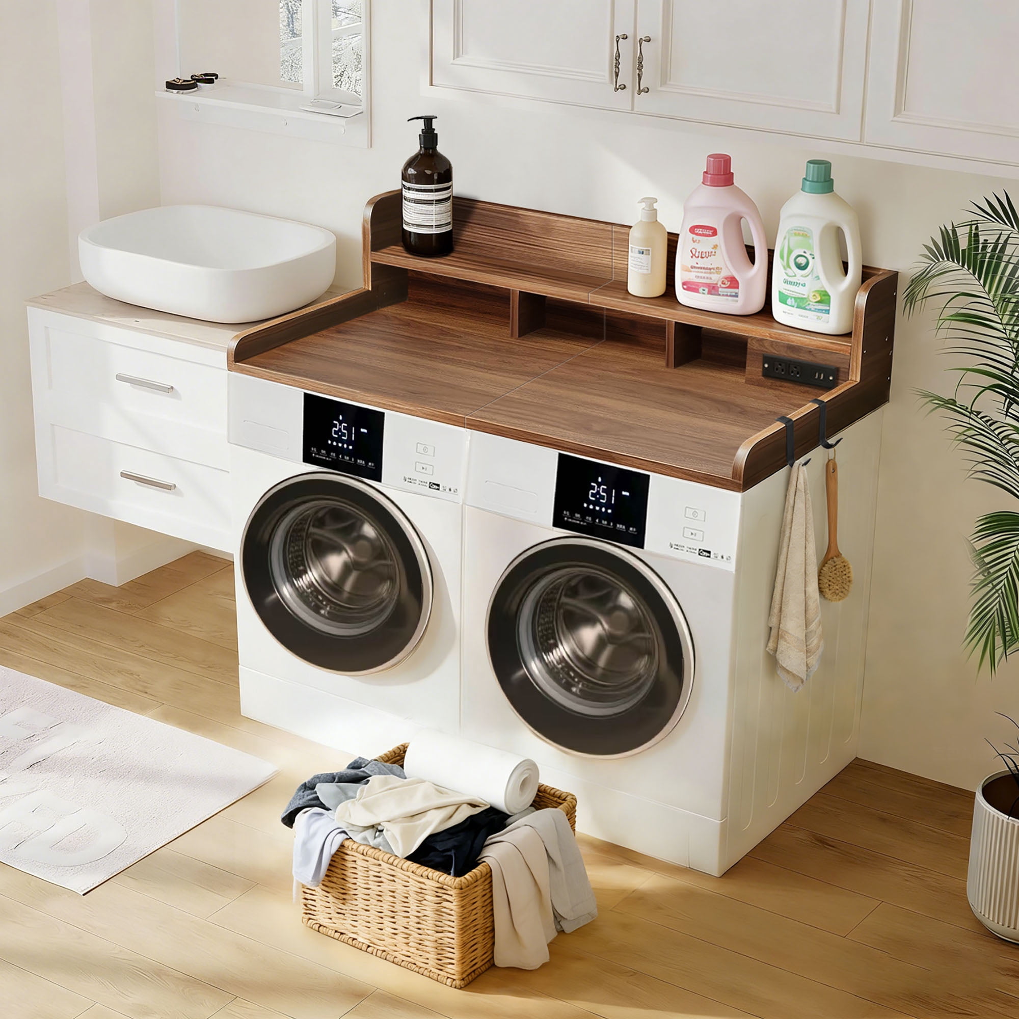 CQSXDA 54"Large 2-Tier Walnut Laundry Countertop With Power Outlet, Hooks & Non-Slip Pads for Folding and Storage