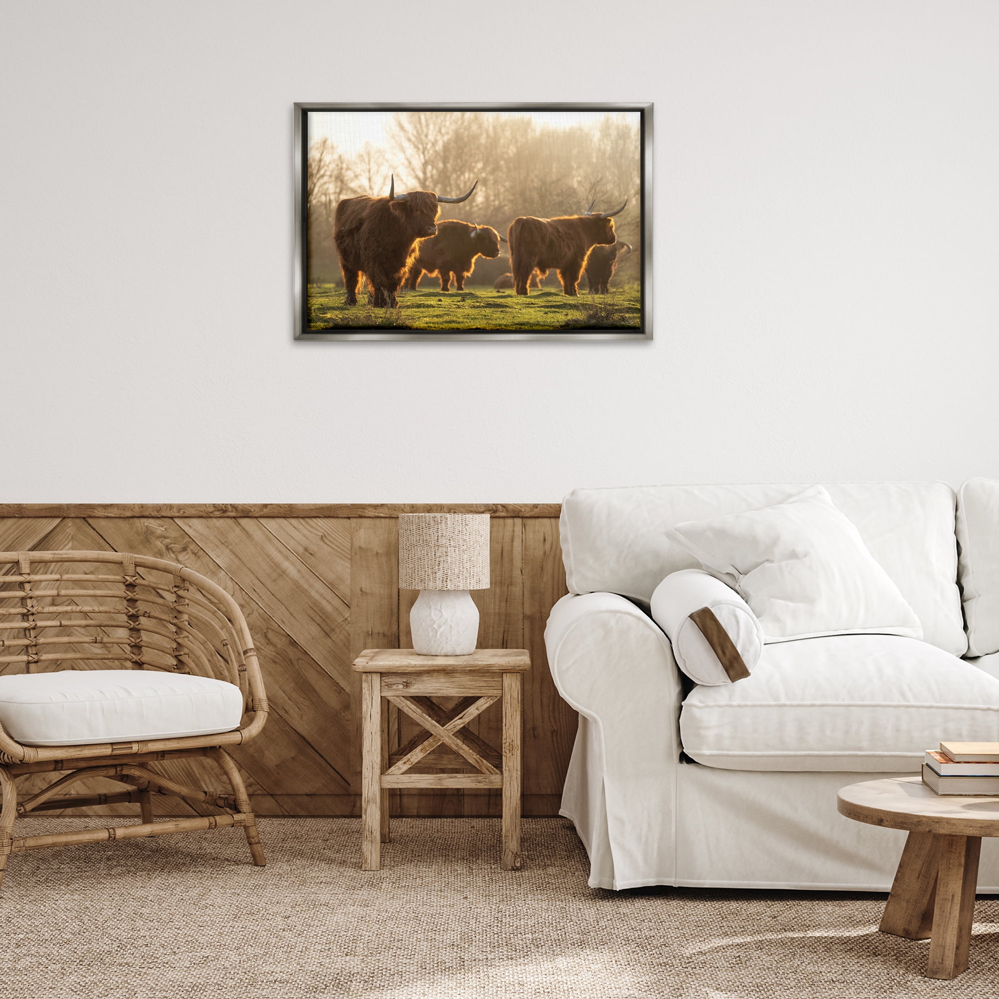 Stupell Industries Longhorns in Foggy Pasture Animals & Insects Photography Gray Floater Framed Canvas Art Print Wall Art, 31 x 21