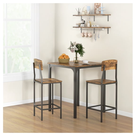 3 Piece Pub Table and Chairs Set, Small Kitchen Table with 2 Stools, Rustic Brown & Black Square Dining Table