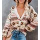 thumbnail image 4 of Chaqueta tipo cárdigan Cuello en V Hombros caídos Manga larga Patrón estampado Suéter de punto para mujer Beige L, 4 of 6