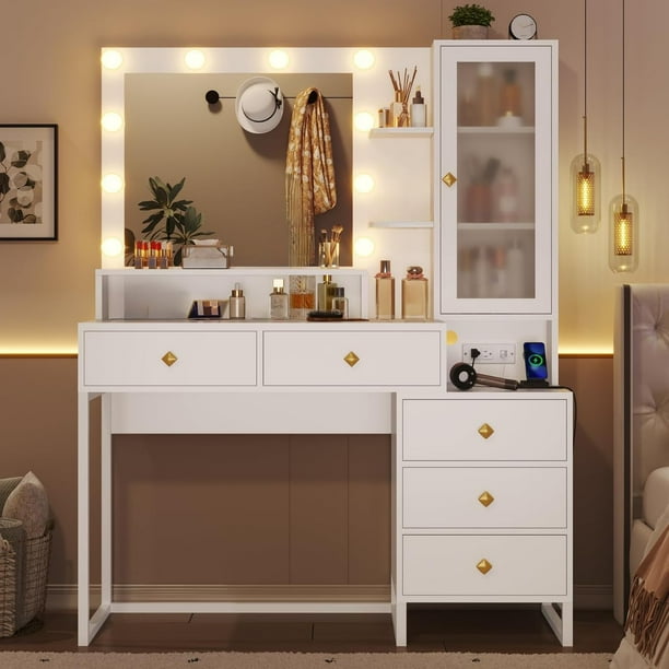 MYXSRI Tocador, Vanity con Espejo y Luces LED Ajustables, Tocador de Maquillaje con Luces y Estación de Carga, 5 Cajones y Estantes de Almacenamiento para Recamara, 100 * 40 * 143cm (Blanco)
