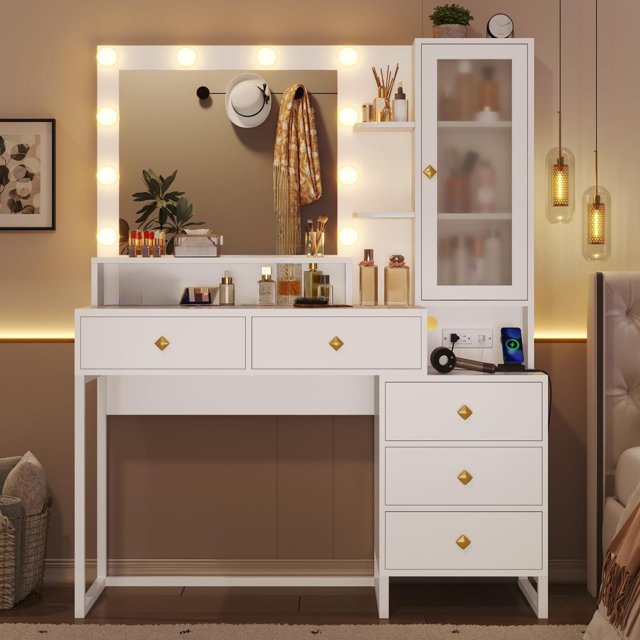 MYXSRI Tocador, Vanity con Espejo y Luces LED Ajustables, Tocador de Maquillaje con Luces y Estación de Carga, 5 Cajones y Estantes de Almacenamiento para Recamara, 100 * 40 * 143cm (Blanco)