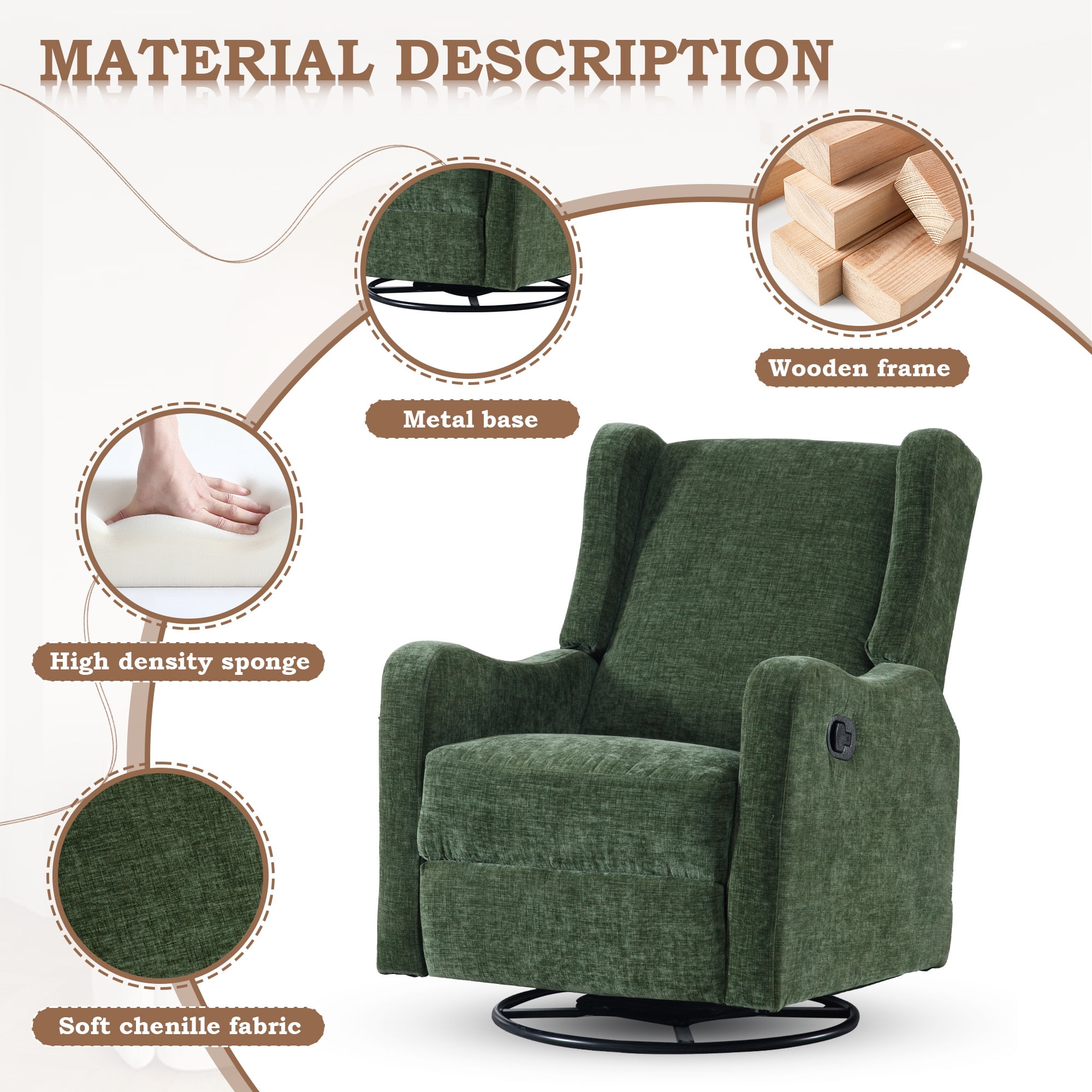 Lunale Swivel Glider Rocking Chair for Nursery, Wingback Upholstered Glider Rocker for Living Room, Green Chenille Fabric