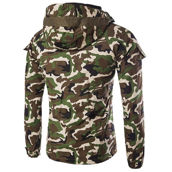Camo Jackets for Men Zip Up Windproof Military Combat Fleece Line Outerwear Outdoor Drawstring Hooded Thick Warm Winter Camouflage Coat Size-L