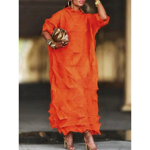 Orange Womens Textured Pleated Maxi Dress With Ruffled Design, High Neck, Mid Sleeve, Oversized Fit