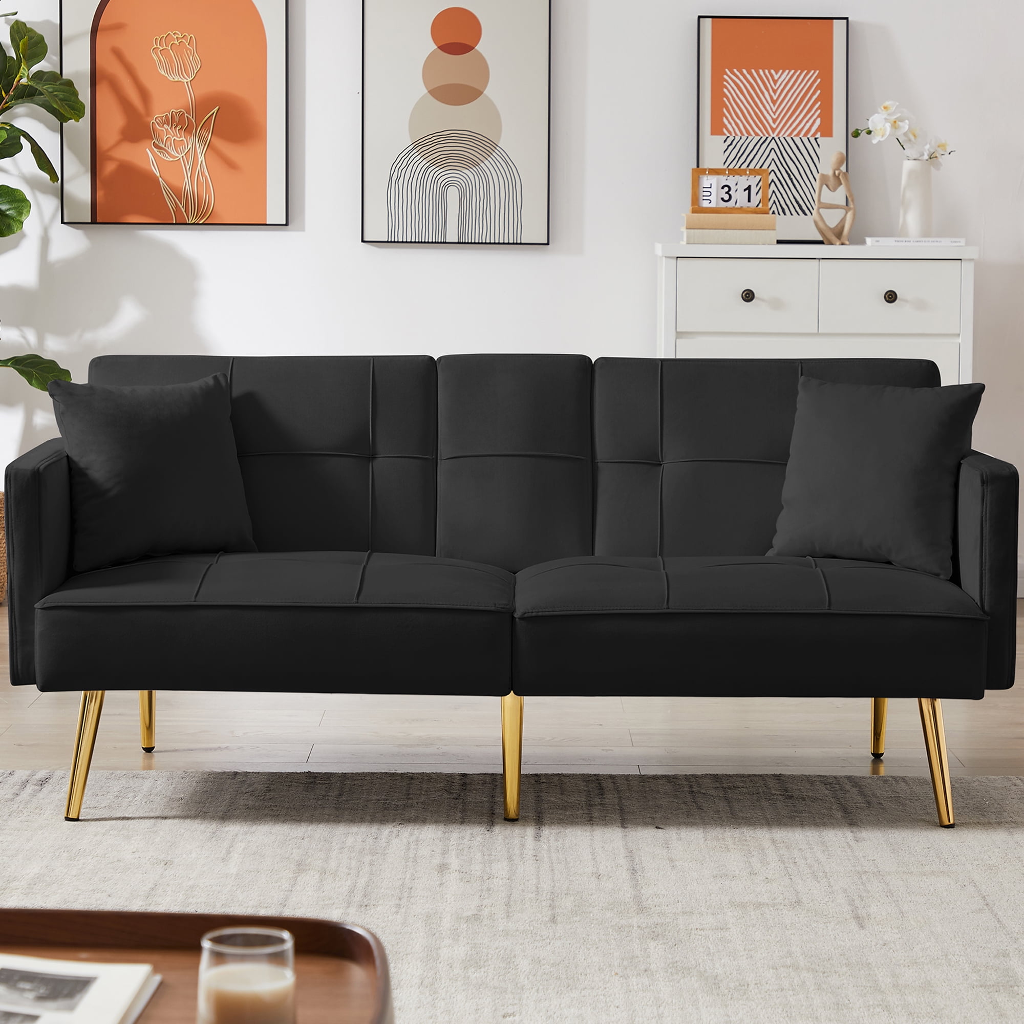 SYNGAR Futon Sofa Bed, Mid Century Velvet Futon Sofa with Gold Metal