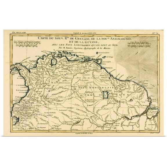 Great BIG Canvas | Rolled Charles Marie Rigobert Bonne Poster Print entitled The New Kingdoms of Grenada, New Andalucia and Guyana