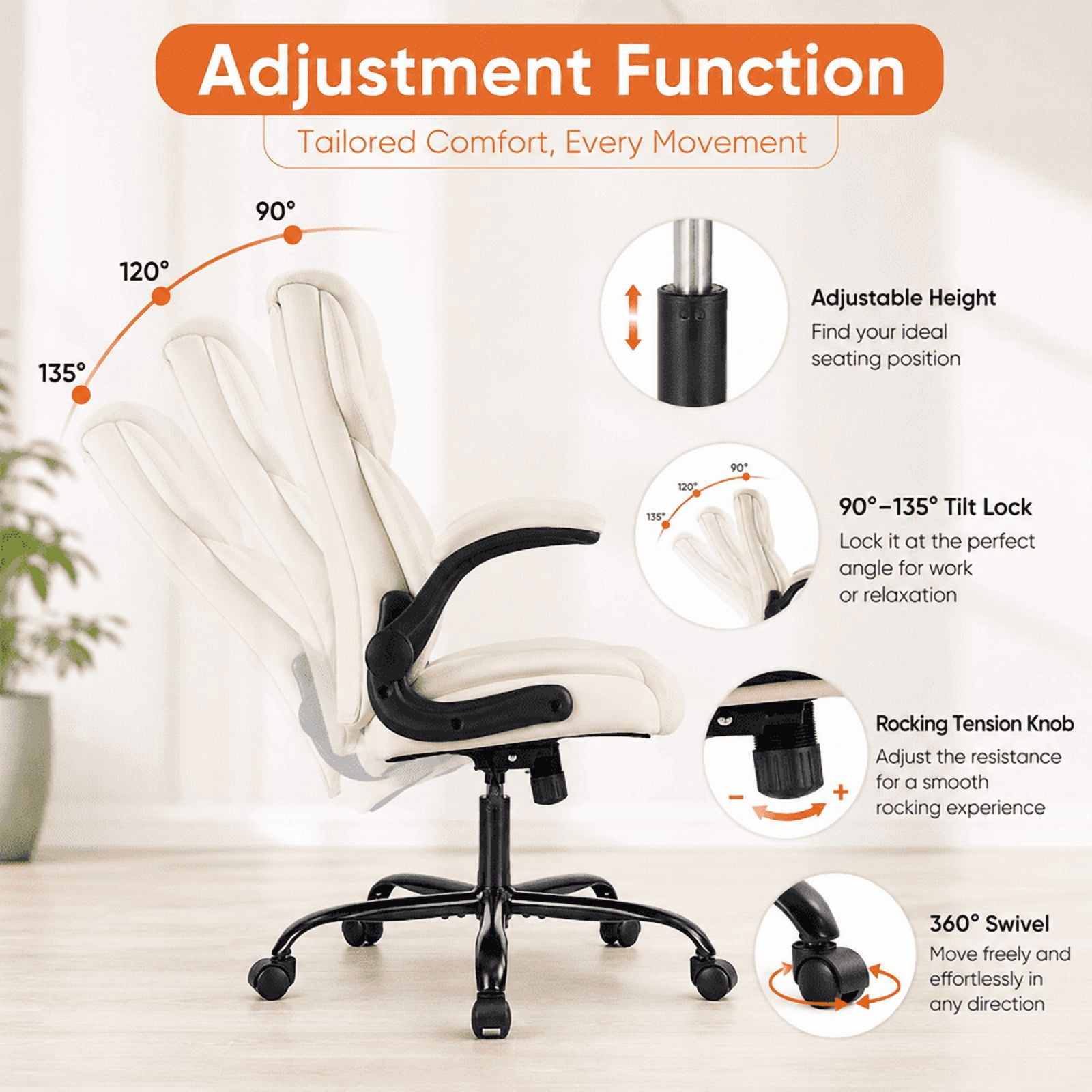 Ergonomic PU Leather Executive Office Chair, Adjustable Height Desk Chair with Lumbar Support, Wide Seat, 360° Swivel and Quiet Wheels, White