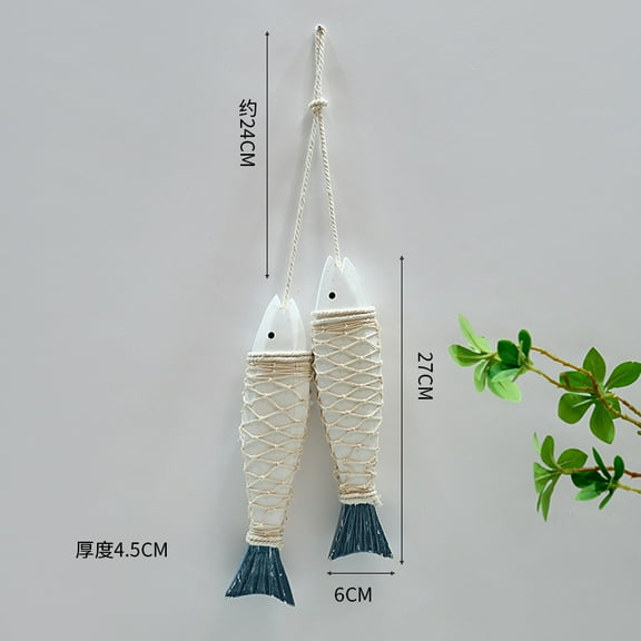 2PCS Vintage Wooden Fish Hanging Wood Fish Decor Hand Carved Nautical Ornaments Home Wall Decor Hanger Gift - Blue-White Small Fish Skewers