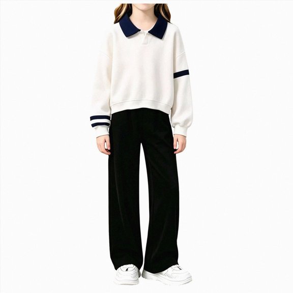 KPOPLK Kids Girls Uniform Outfit for Back to School Long Sleeve Collar Shirt and Loose fit Pant Teen Girls Clothes Set 6-14Years,Size 13-14 Years