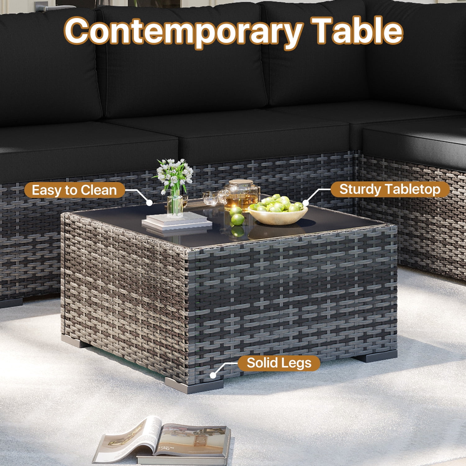 BaPiPro 7-Piece Outdoor Patio Furniture Set, Gray Wicker Rattan Sectional Sofa with Black Cushions & Coffee Table, All-Weather for Backyard, Porch, Deck, Balcony