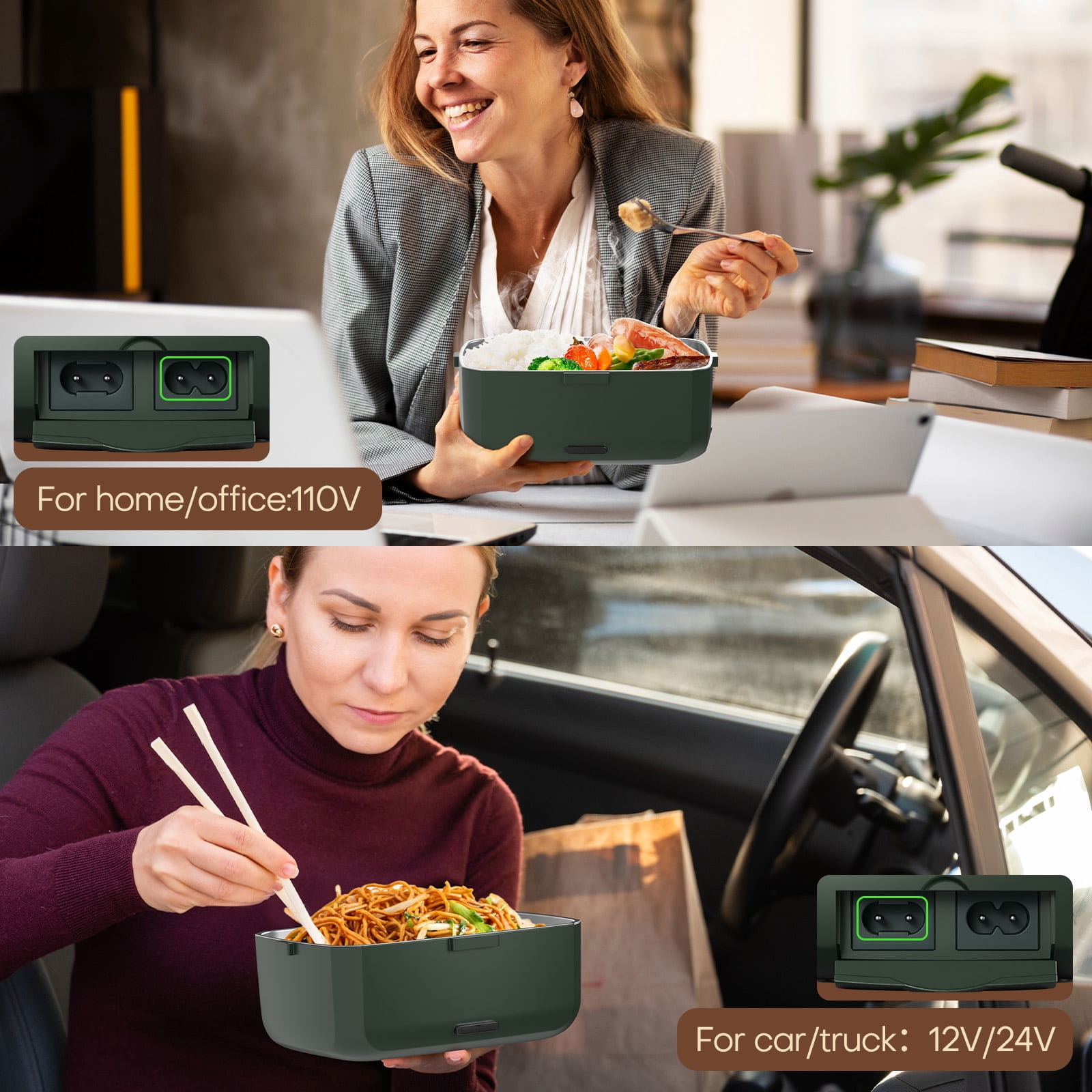 Electric Heated Lunch Box for Men - 3 Liters Double Layer Portable Food Warmer for Car Truck 90 W Self Heating Lunch Box for Adults Food Heater for Work Travel Camping lonchera,Green