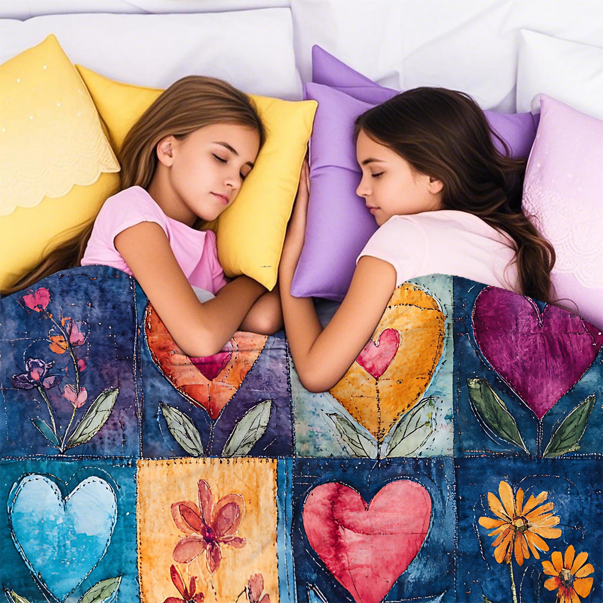 Sherpa Fleece Throw Blanket 50"x60" Reversible Plush Fluffy Blanket, Double-Layer Super Soft Flannel Blanket for Sofa, Couch, Bed, Patchwork Floral & Heart Pattern