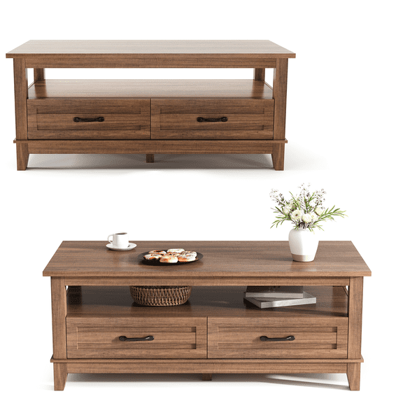 Farmhouse Coffee Table with Storage, Wood Coffee Table for Living Room, Open Display Area and Storage Drawers with Metal Handles, for Office, Parlor, Reading Room