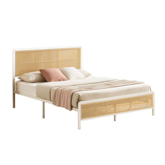 Queen Rattan Platform Bed Frame with LED Headboard – Modern Boho Cane Style Heavy Duty Metal Slats No Box Spring Needed for Bedroom White