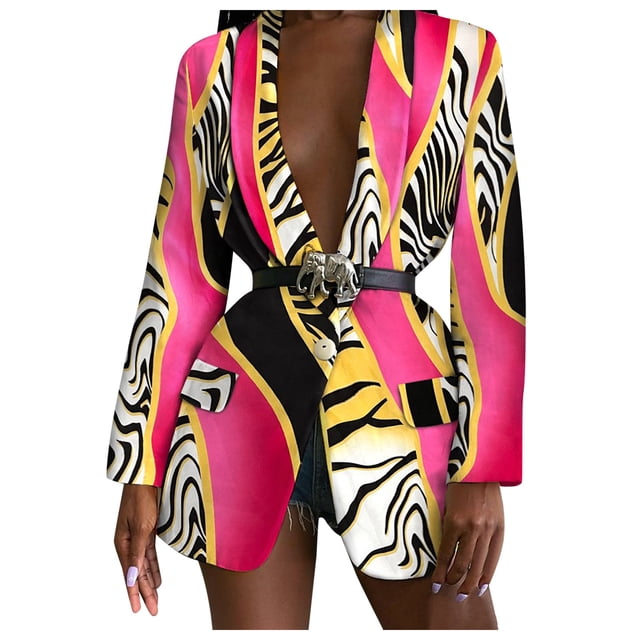Femmes Casual Blazer Mid Length Outwear Simple Buste Blouse V Veste de Loisirs Printed Mode Costume Bouton Bas Cardigan Ajusté