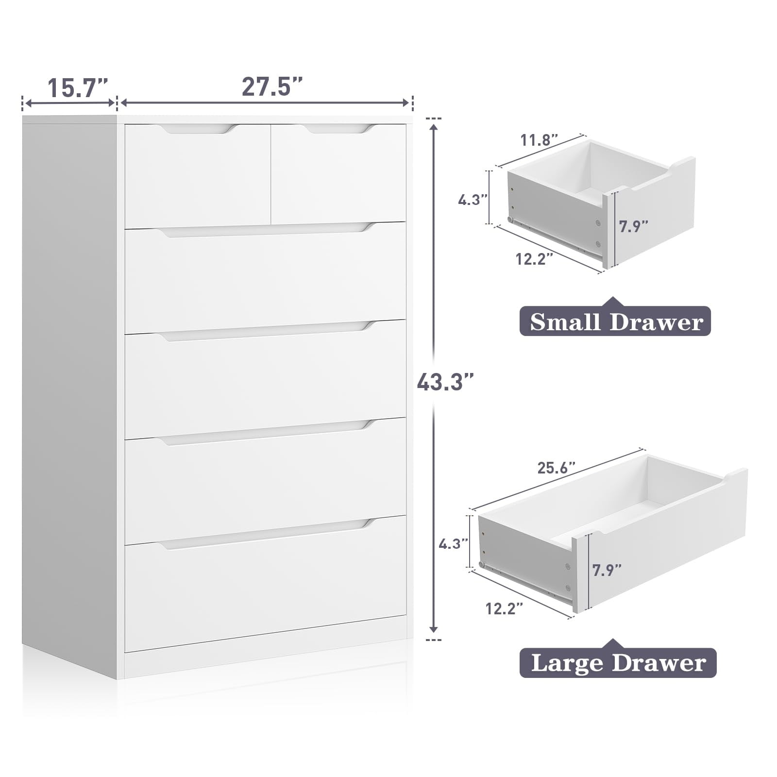 EnHomee White Dresser for Bedroom Wood 6 Drawer Modern Storage Cabinet for Bedroom Living Room Closet, 43.3"Hx 27.5"Lx 15.7"D