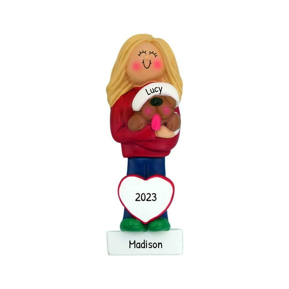 Ornaments by Elves Personalized Blond Girl with Dog Ornament 2024 Christmas Hat Decoration .25lbs