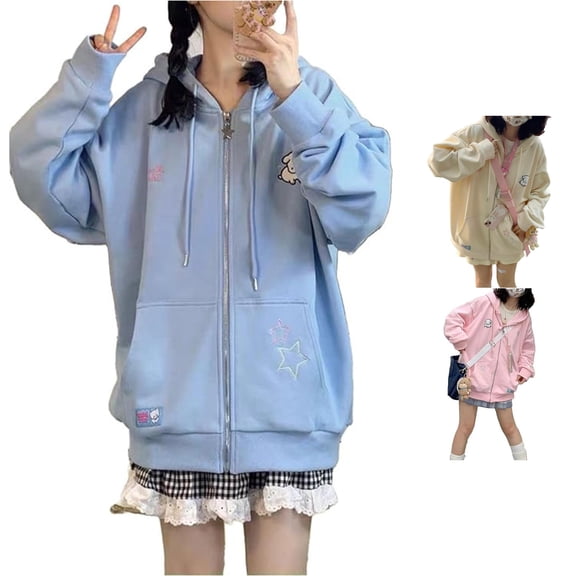 Unir Women's Kawaii Pastel Layering Zip Hoodie Scattered Cartoon Star Embroidery Oversized Drawstring Pocket Long Sleeve Casual Sweatshirt Jacket Top 1PC M-XXL Plus Size Friendly