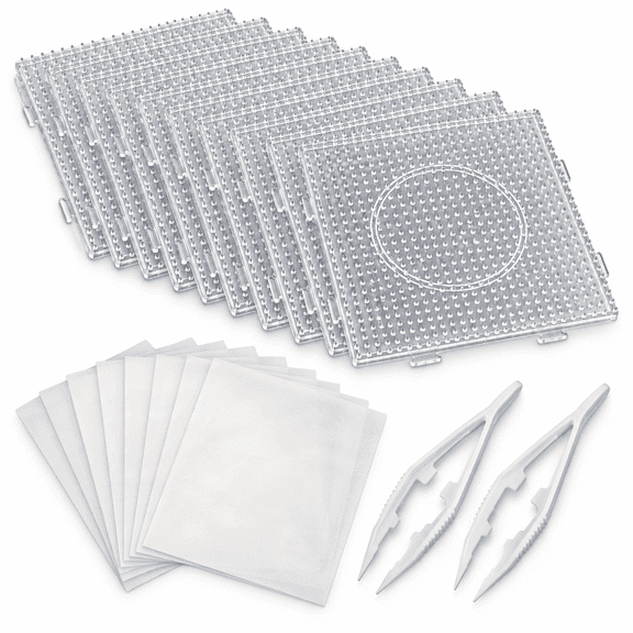 20-Piece 5mm Fuse Bead Pegboard Accessory Set, 9 Clear 5.7-Inch Square Interlocking Boards with 9 Ironing Papers and 2 Tweezers