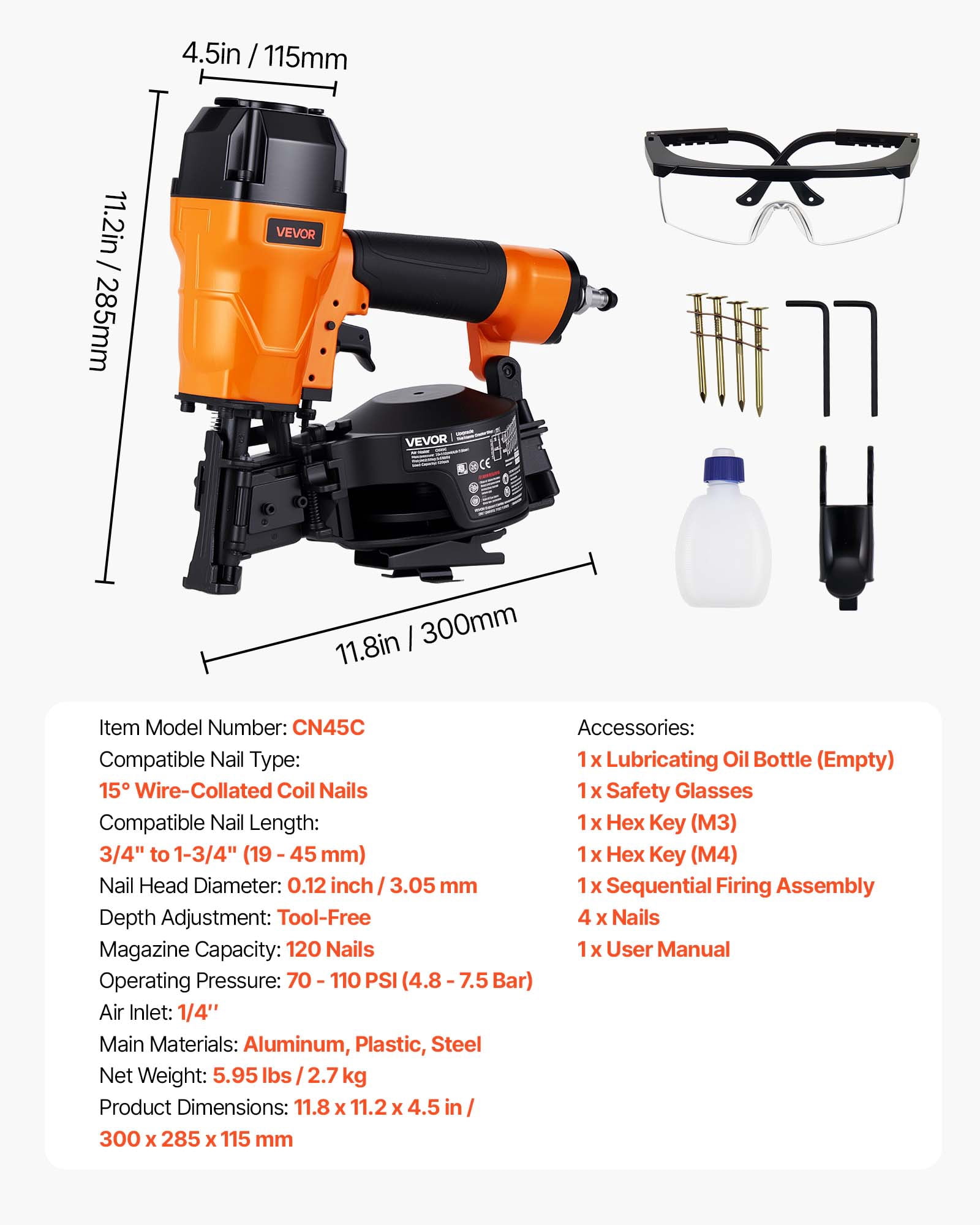 VEVOR Air Roofing Nailer CN45C, 3/4" to 1-3/4" 15 Degree Roofing Nail Gun with Two Firing Modes & Tool-Free Depth Adjustment, 70-110 PSI Pneumatic Coil Nailer for Asphalt Shingles, Roof Sheathing