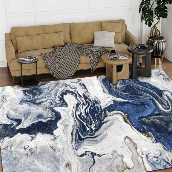 HR Abstract Rugs Boho abrash Rugs Marble Theme Gold Gray Navy Blue Bone and Multi Color Luxury Livingroom Carpet Thick Pile and Ultra Soft Non-Shedding Rug