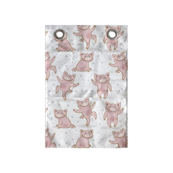 Piglet Hanging Pocket Organizer, Pig Silhouettes Playing Around on a Background of Polka Dots Farm Lifestyle, Printed Polyester Storage Bag with Pockets, 14" x 20", Rose and White