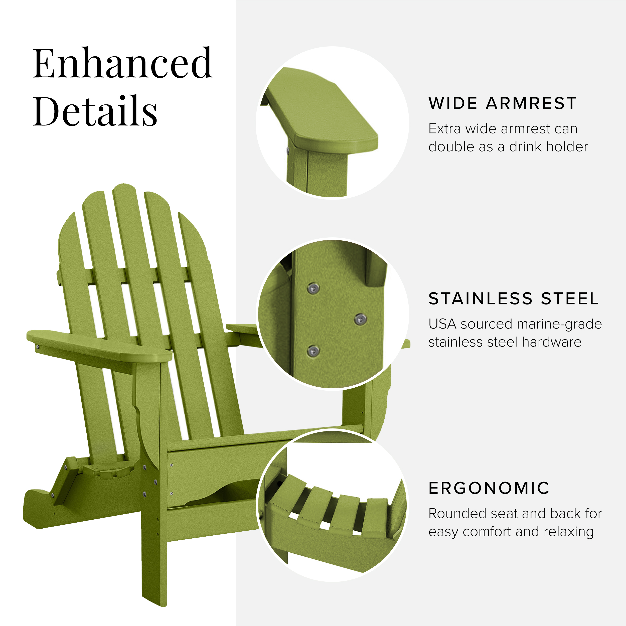 DuroGreen Adirondack Chairs Made With All-Weather Tangent lumber, Set of 2, Oversized, High End Classic Patio Furniture for Porch, Lawn, Deck, or Fire Pit, No Maintenance, USA Made, Lime Green
