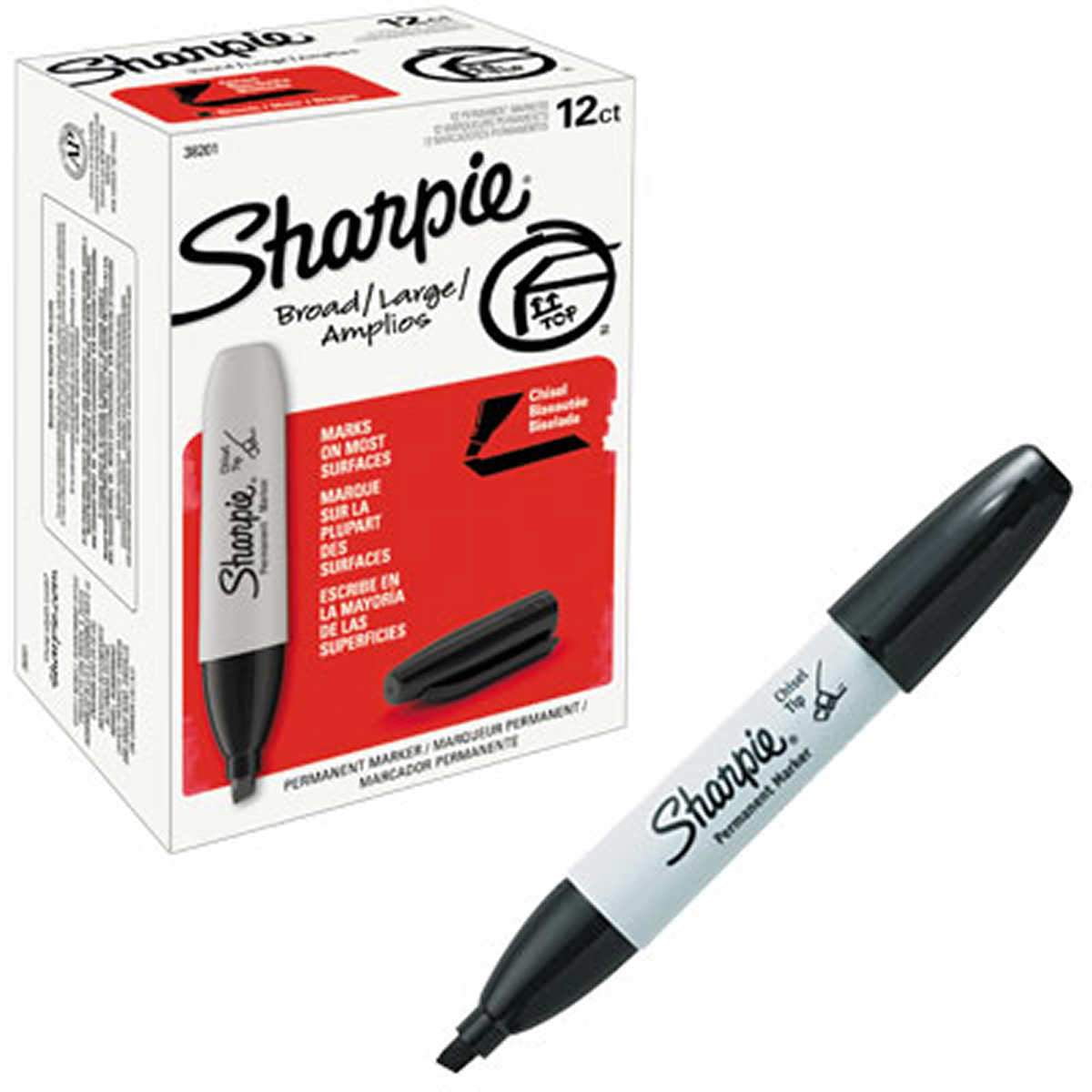 Sharpie Permanent Marker, Chisel Tip, Black, 12-Count