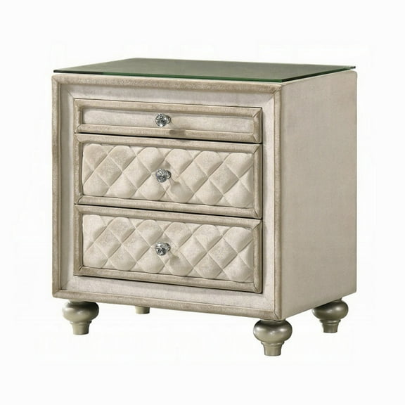 Willa Nightstand, 2 Drawers, Pull Out Tray, 27 Inch Wood, Beige Velvet